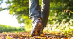 Feet walking on fall road