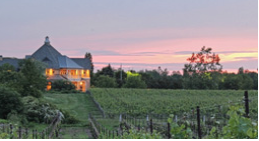 Winery and green field of grass at sunset