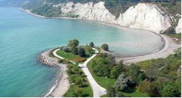 Ariel view of white cliffs and blue water