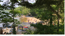 Ariel view of a sandy beach and lake