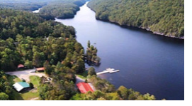 Birds eye view of a lake and trees