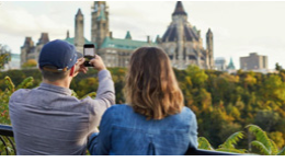 Two people taking a picture of a castle