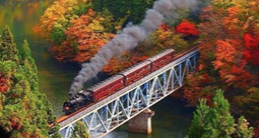 Train crossing a bridge in the fall