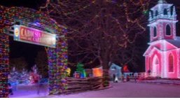 Arch and house decorated in Christmas lights