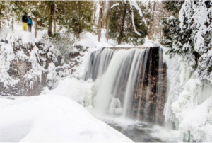 A picture of a waterfall in winter