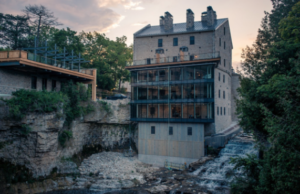 A building on water beside a waterfall