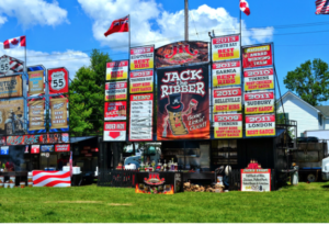 An image of large signs and flags