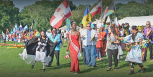 A group of people waving flags