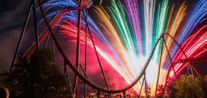 Fireworks over a roller coaster
