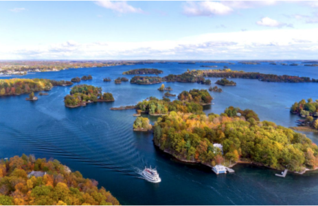 A boat sailing through islands