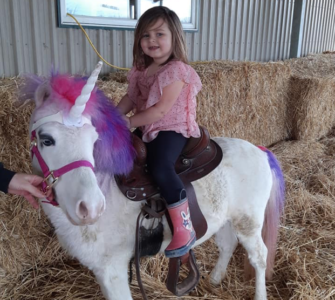 A little girl riding a pony dressed as a unicorn 