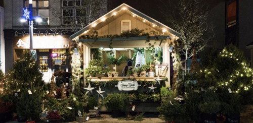 An outdoor vendor booth with Christmas lights