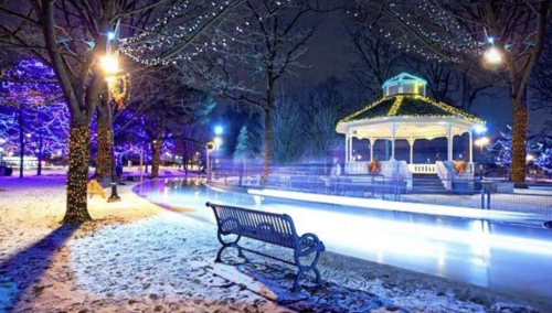 An outdoor skating rink with pretty lights