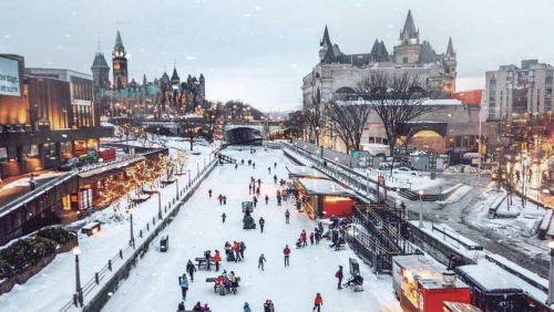 An ice skating trail with buildings 