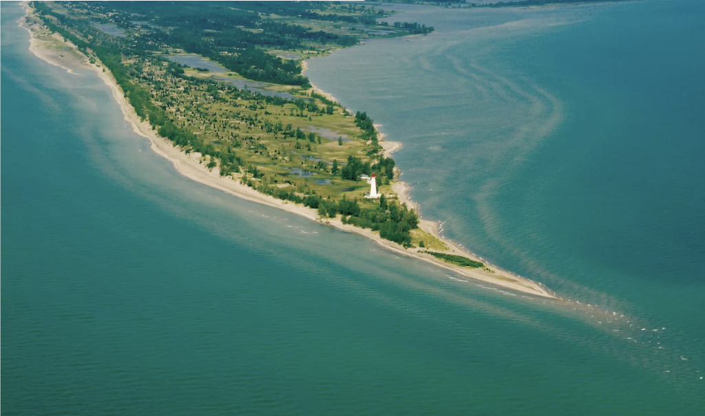 Ariel view of a point of land surrounded by water