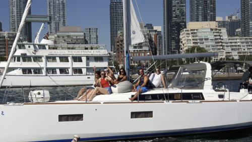 People sitting on a sailboat