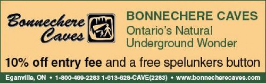 Bonnechere Caves Coupon- 10% off Entry Fee. Free Spelunkers button.