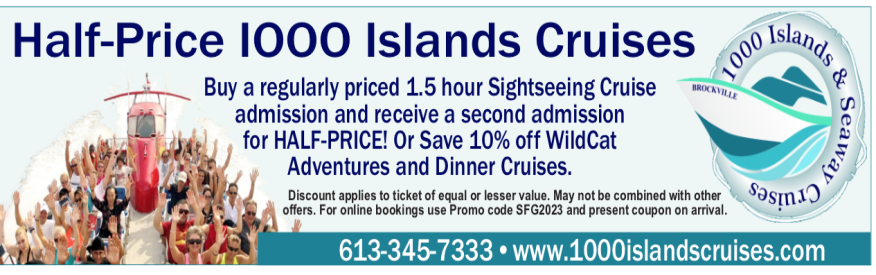 1000 Islands & Seaway Cruises Coupon - buy one, get one for half price!